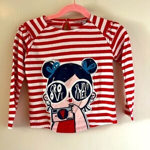 Spanish designer Boboli striped graphic long sleeve tee shirt, ruffle sleeves.